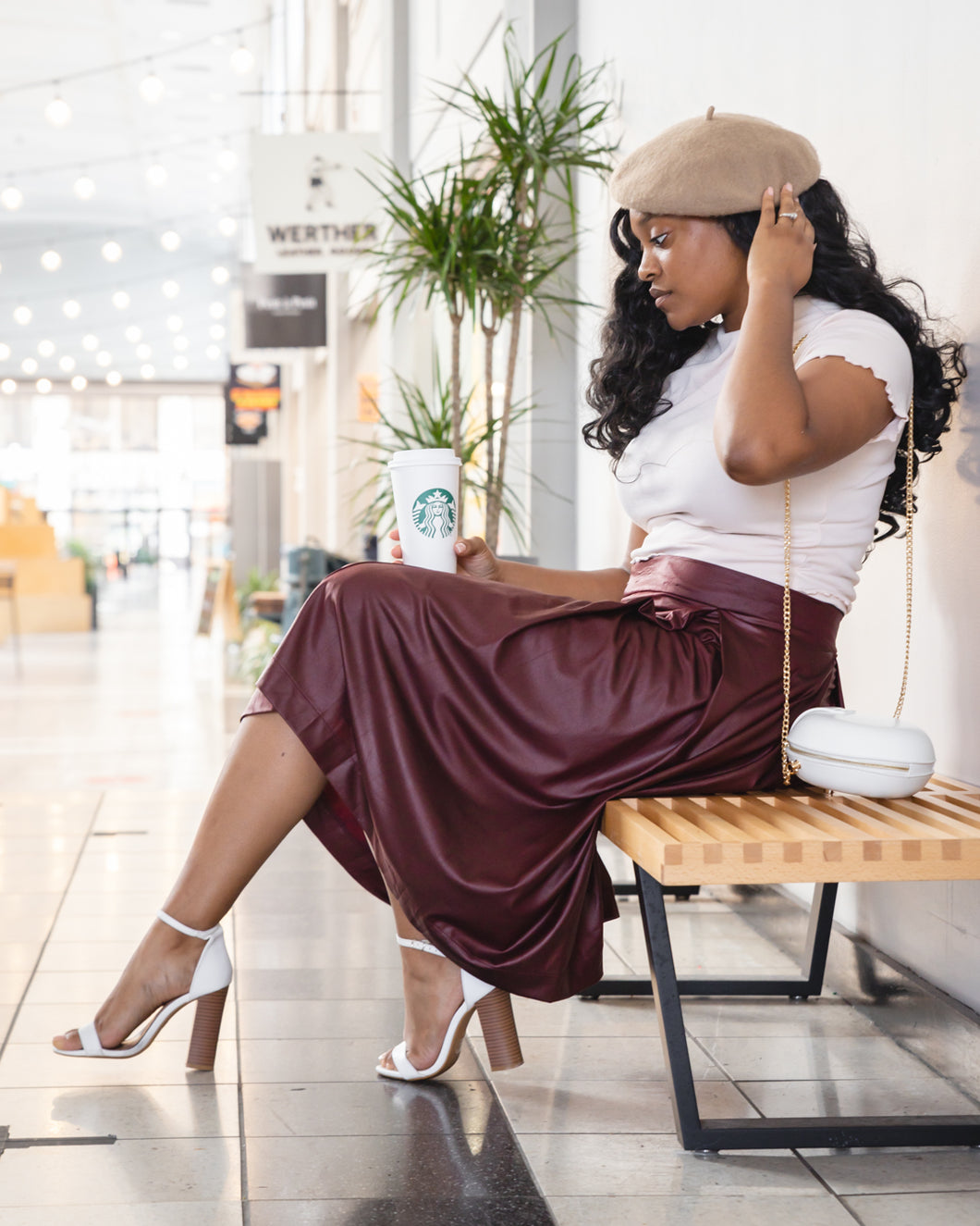 Burgundy midi A-frame bell skirt