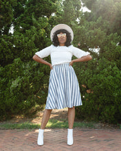 Load image into Gallery viewer, Grey and White Stripped Midi A-frame Skirt
