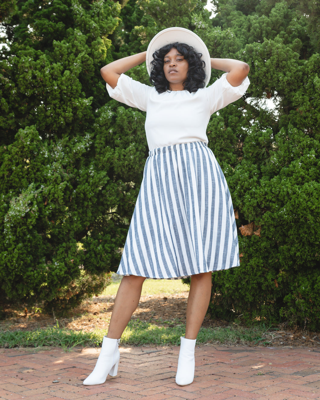 Grey and White Stripped Midi A-frame Skirt