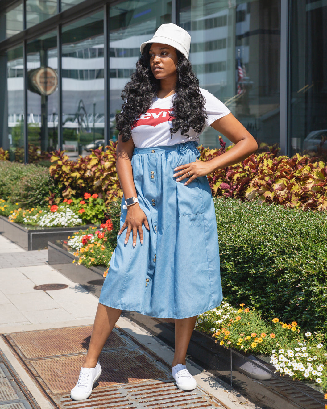 Sky Blue Double Button Midi Skirt