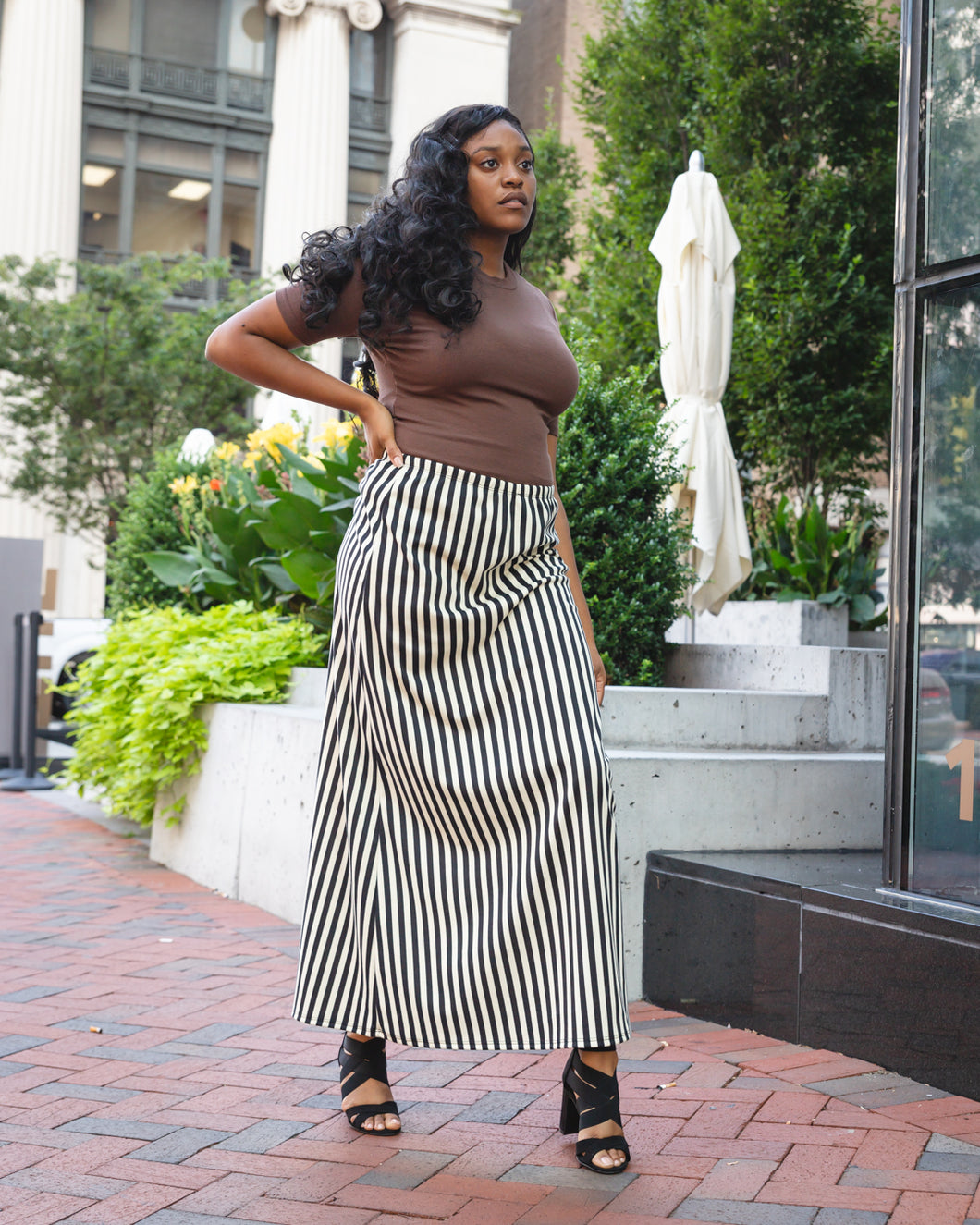 Striped Cream and Black Maxi Skirt